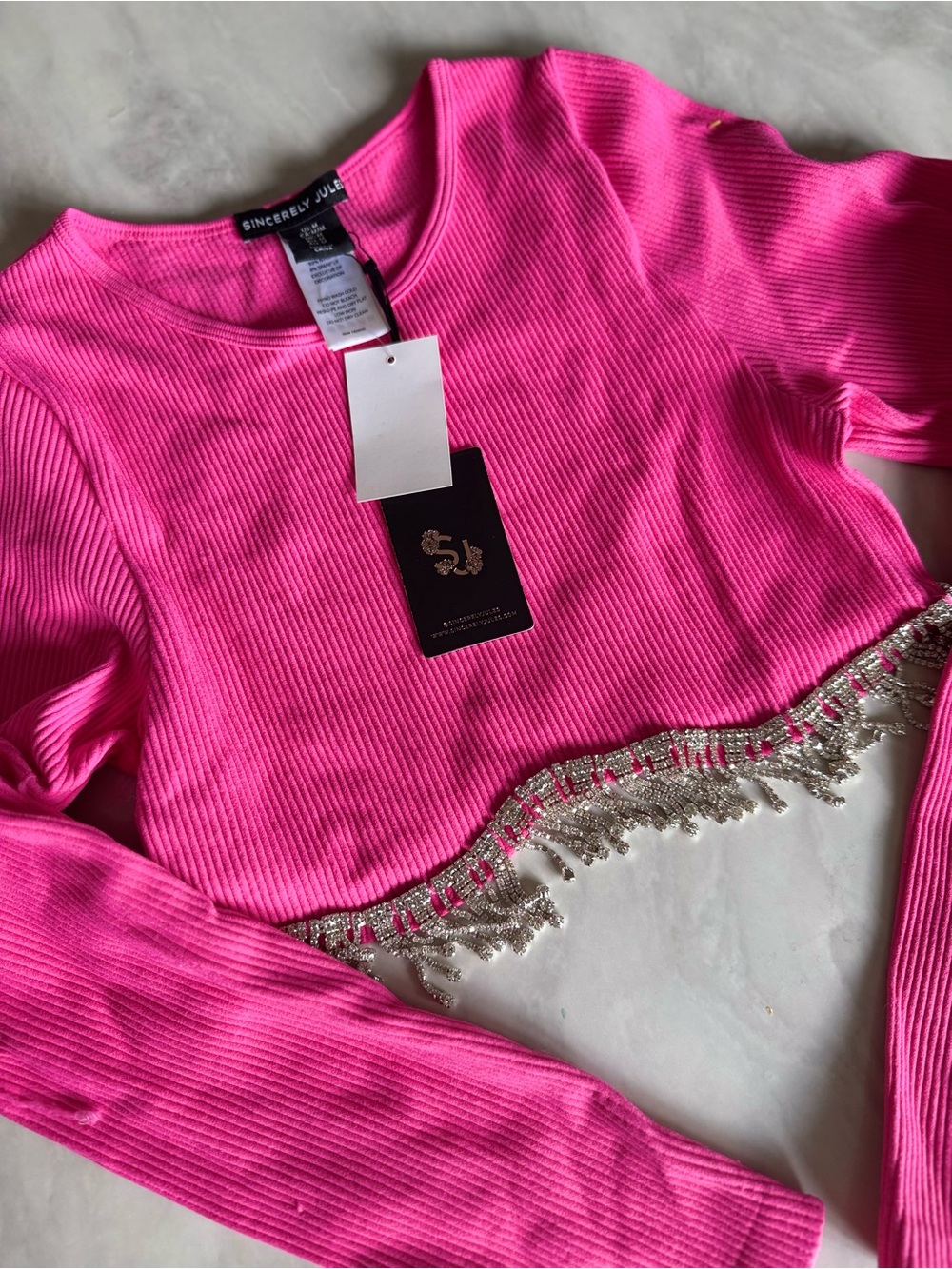 NWT Sincerly Jules Pink Ribbed Cropped Long-Sleeve Top with Beaded Trim medium - Picture 2 of 4
